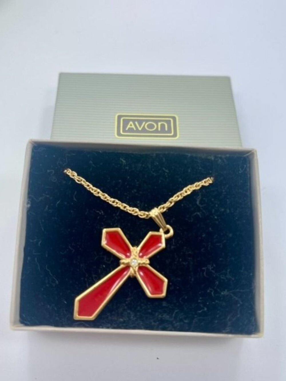 Vintage Avon Red Enamel Rhinestone Cross Pendant Necklace